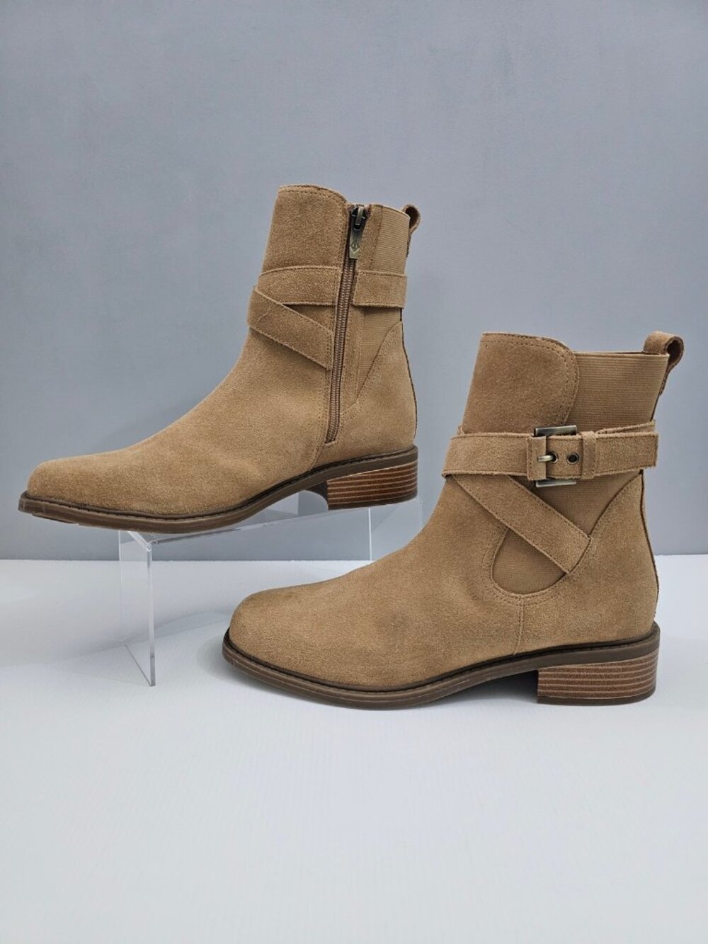 Donald Pliner Mathilda Moto Ankle Boot Womens 9.5 Camel Brown Suede Buckle Strap - Picture 2 of 15